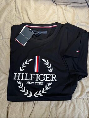 Tommy Hilfiger Black Logo Crewneck Tee with Red-White-Blue Trim